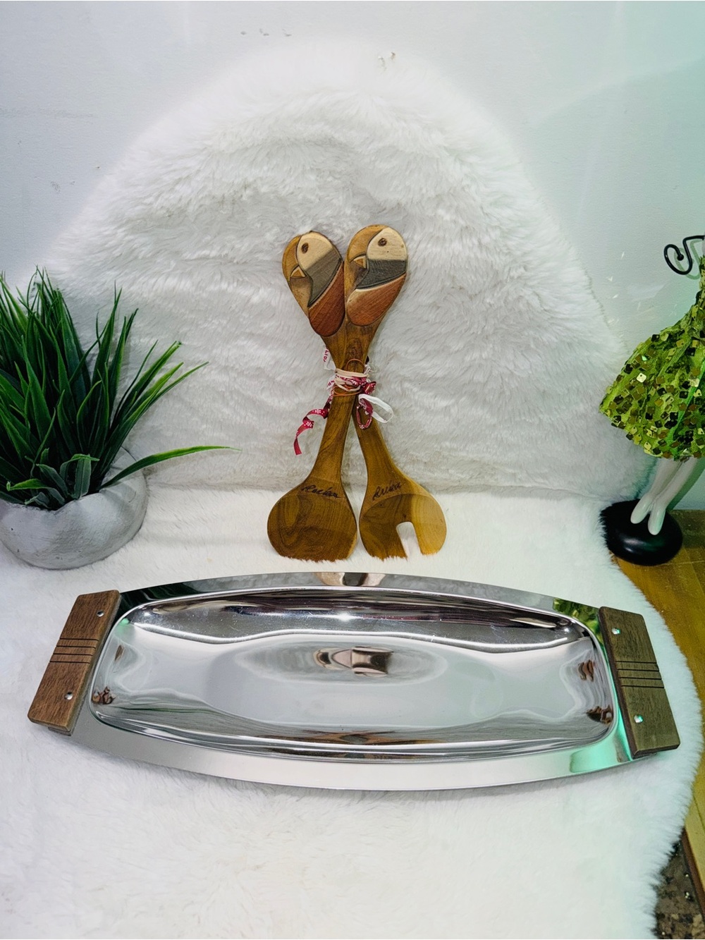 Stainless Steel Serving Tray w Wooden Handles & New Handcrafted Salad Tongs 🐦